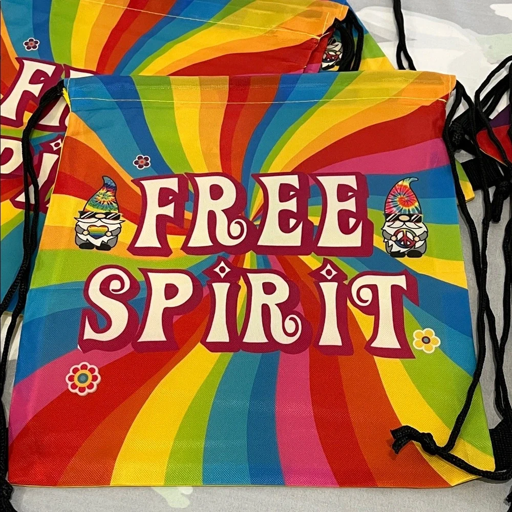 NWOT FREE SPIRIT and Peace Love Drawstring Party Bags Colorful Design, 7 Bag Set